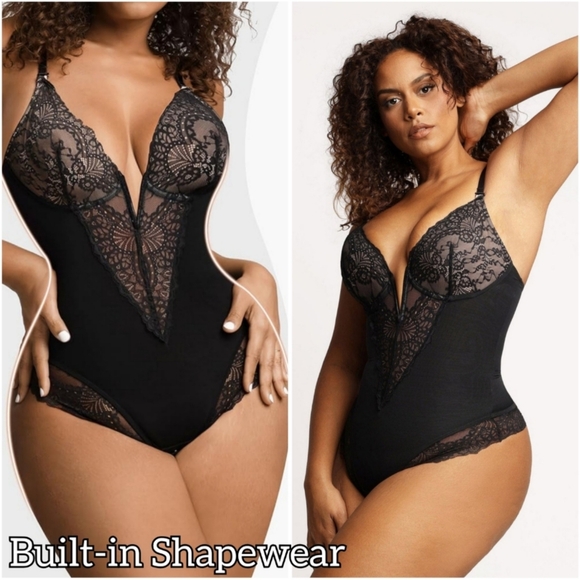 Popilush Other - NWT Popilush Black Floral Lace Deep V Shapewear Thong Tummy Control Bodysuit